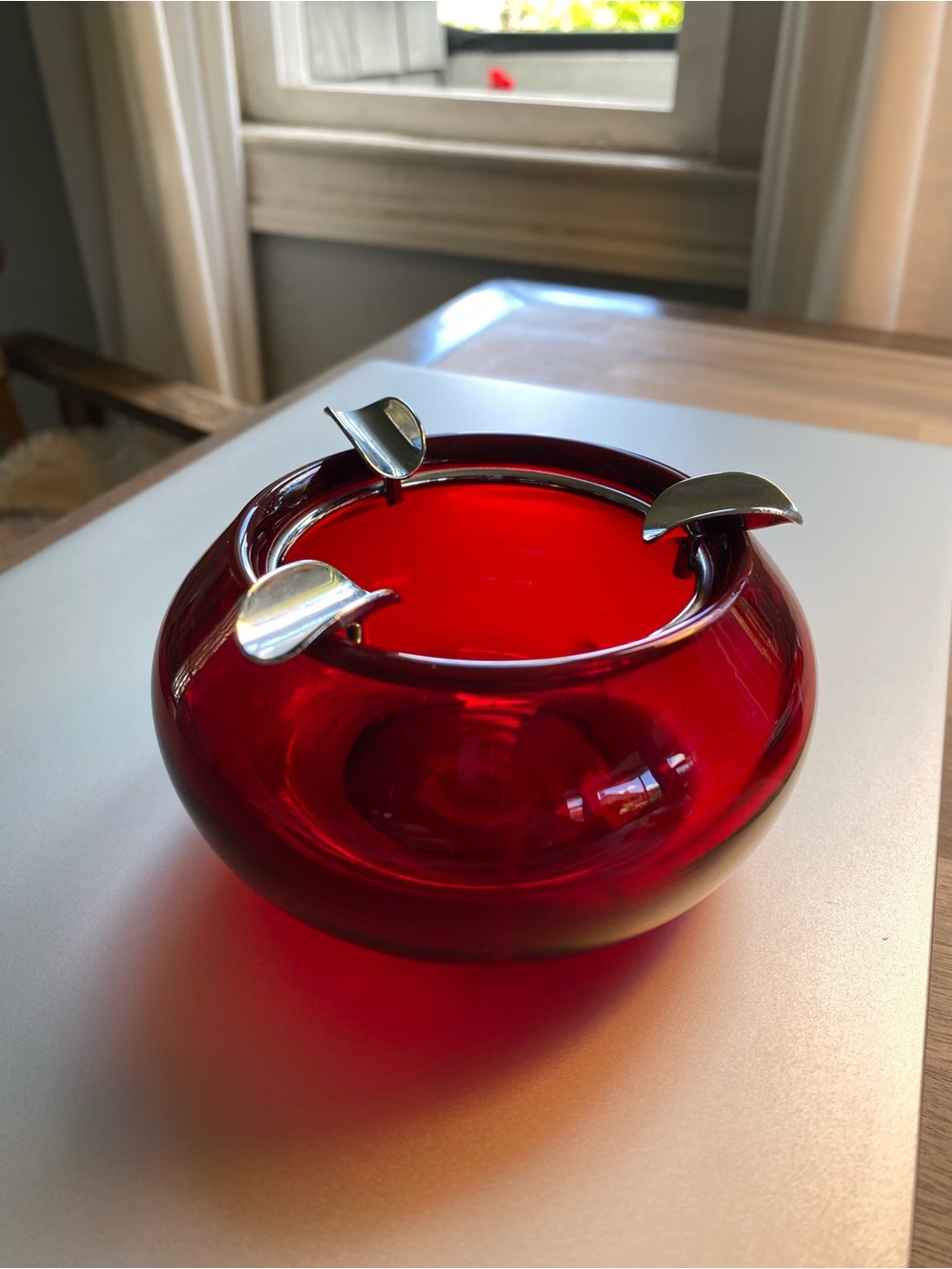 Vintage Art Design Style Blown Glass Ashtray Color Ruby Red